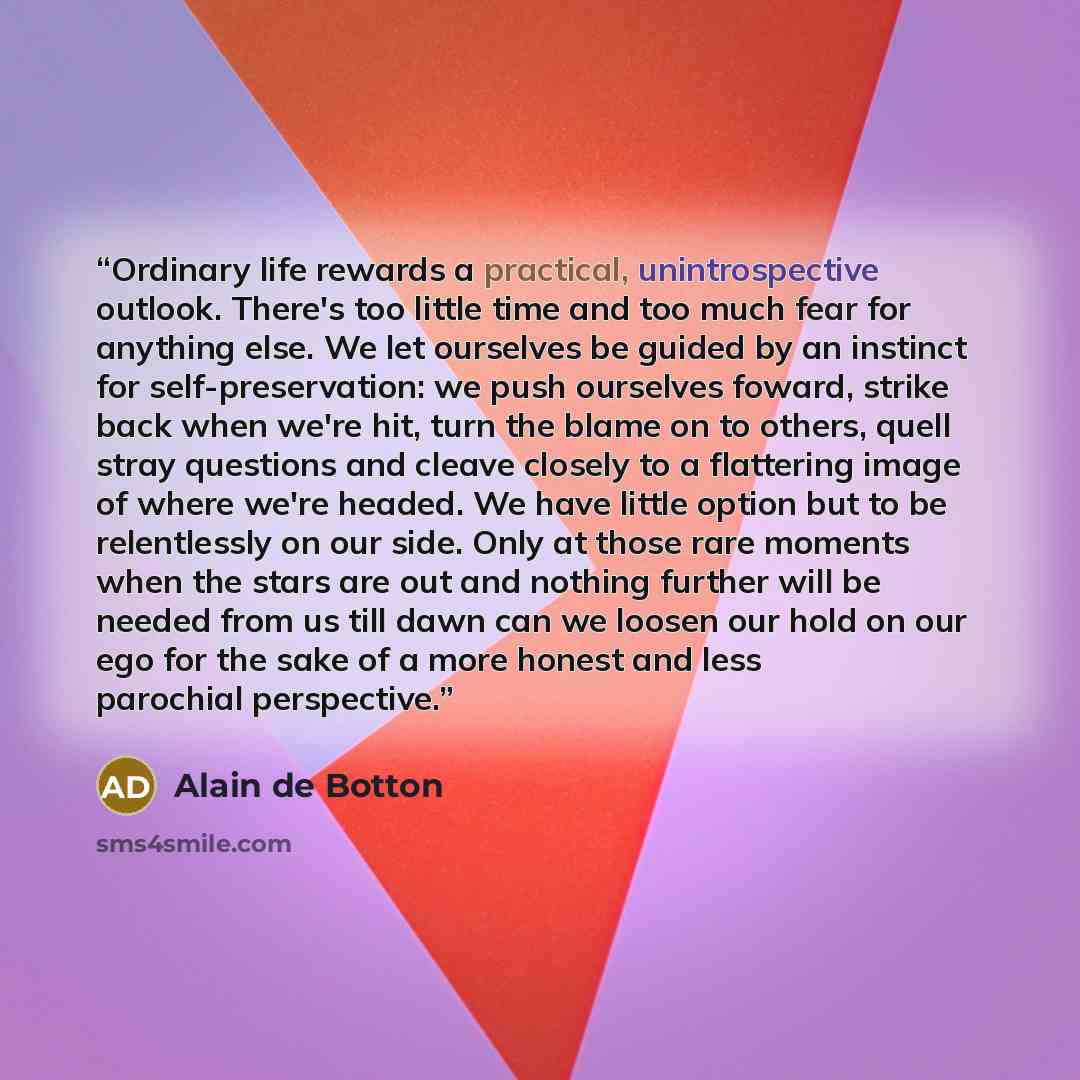“Ordinary life rewards a practical, unintrospective outlook. There's too little time and too much fear for anything else. We let ourselves be guided by an instinct for self-preservation: we push ourselves foward, strike back when we're hit, turn the blame on to others, quell stray questions and…” quote by Alain de Botton