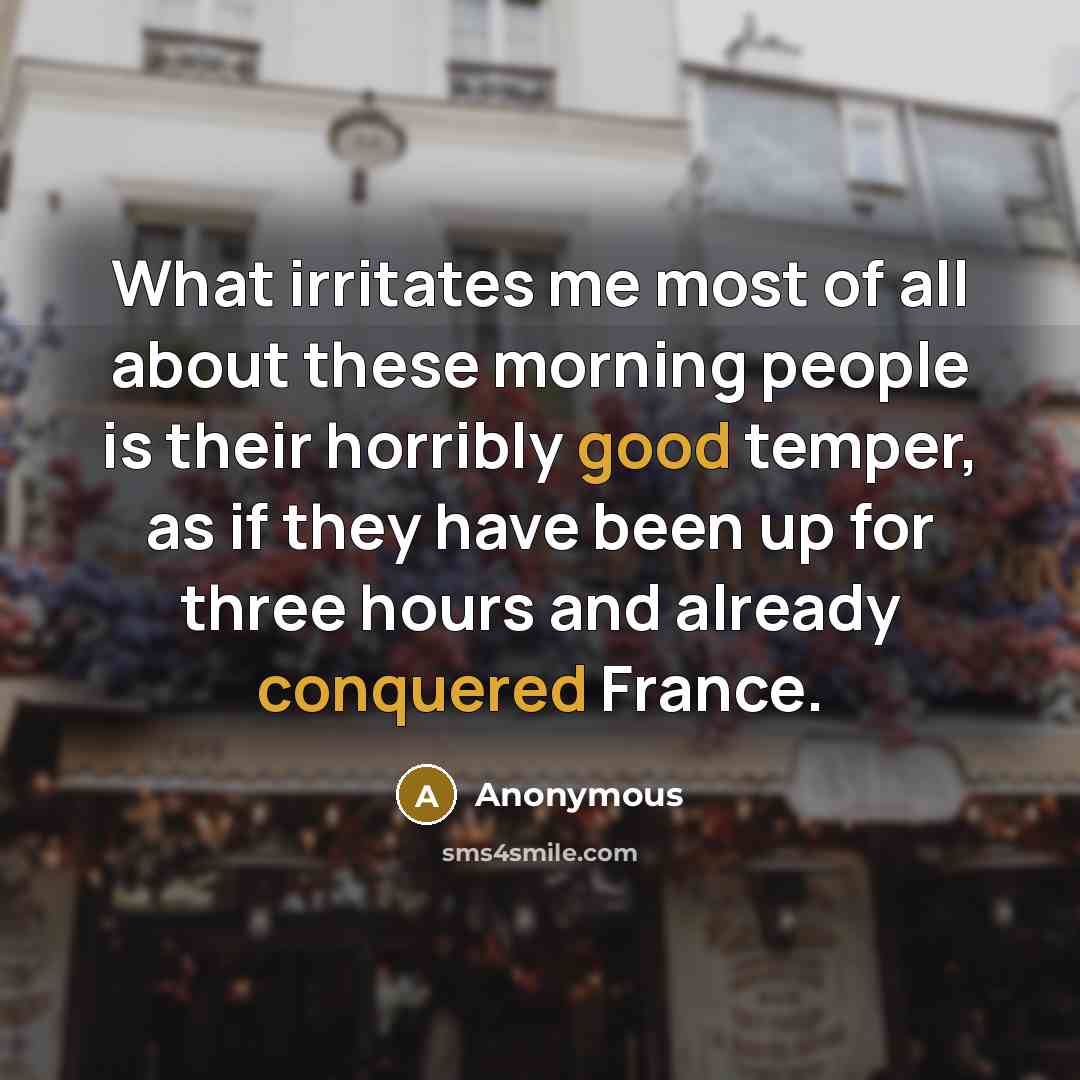 “What irritates me most of all about these morning people is their horribly good temper, as if they have been up for three hours and already conquered France.” quote by Anonymous