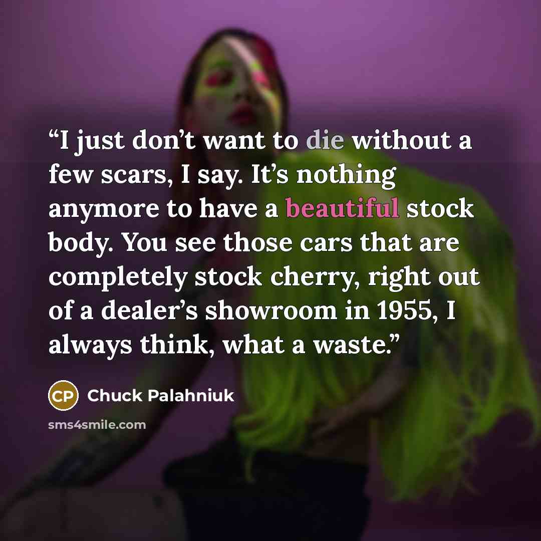 “I just don’t want to die without a few scars, I say. It’s nothing anymore to have a beautiful stock body. You see those cars that are completely stock cherry, right out of a dealer’s showroom in 1955, I always think, what a waste.” quote by Chuck Palahniuk