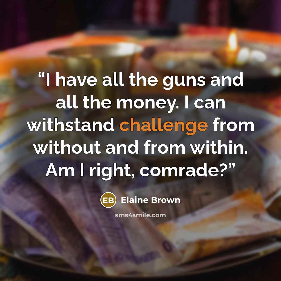 “I have all the guns and all the money. I can withstand challenge from without and from within. Am I right, comrade?” quote by Elaine Brown