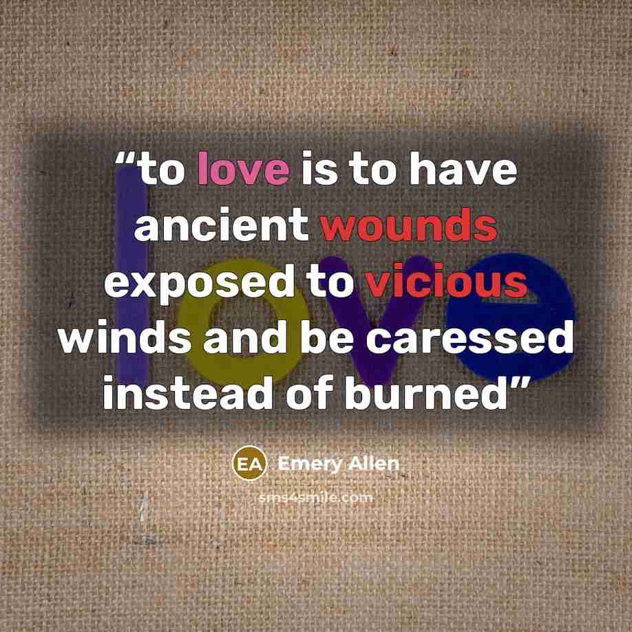 “to love is to have ancient wounds exposed to vicious winds and be caressed instead of burned” quote by Emery Allen
