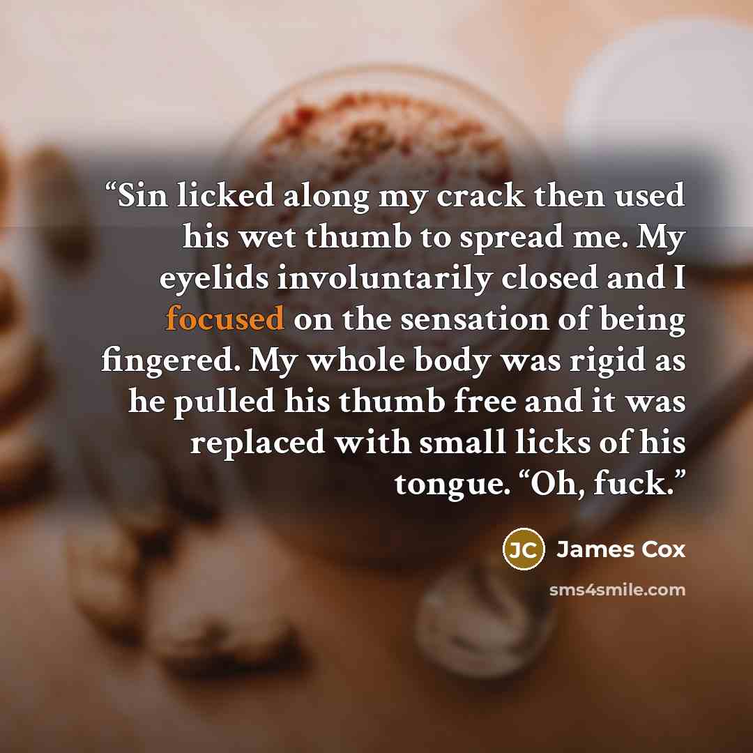 “Sin licked along my crack then used his wet thumb to spread me. My eyelids involuntarily closed and I focused on the sensation of being fingered. My whole body was rigid as he pulled his thumb free and it was replaced with small licks of his tongue. “Oh, fuck.” quote by James Cox