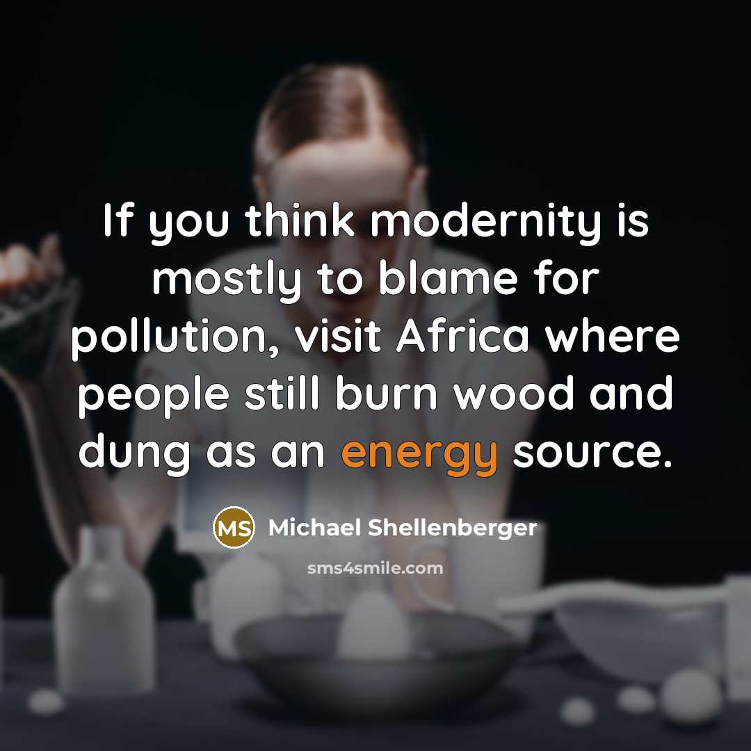 “If you think modernity is mostly to blame for pollution, visit Africa where people still burn wood and dung as an energy source.” quote by Michael Shellenberger