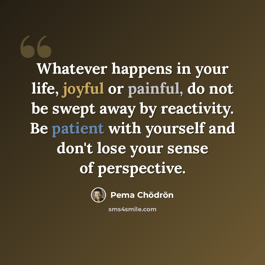 “Whatever happens in your life, joyful or painful, do not be swept away by reactivity. Be patient with yourself and don't lose your sense of perspective.” quote by Pema Chodron