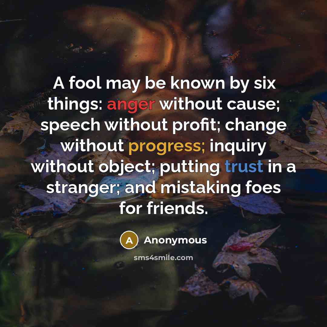 “A fool may be known by six things: anger without cause; speech without profit; change without progress; inquiry without object; putting trust in a stranger; and mistaking foes for friends.” quote by Anonymous