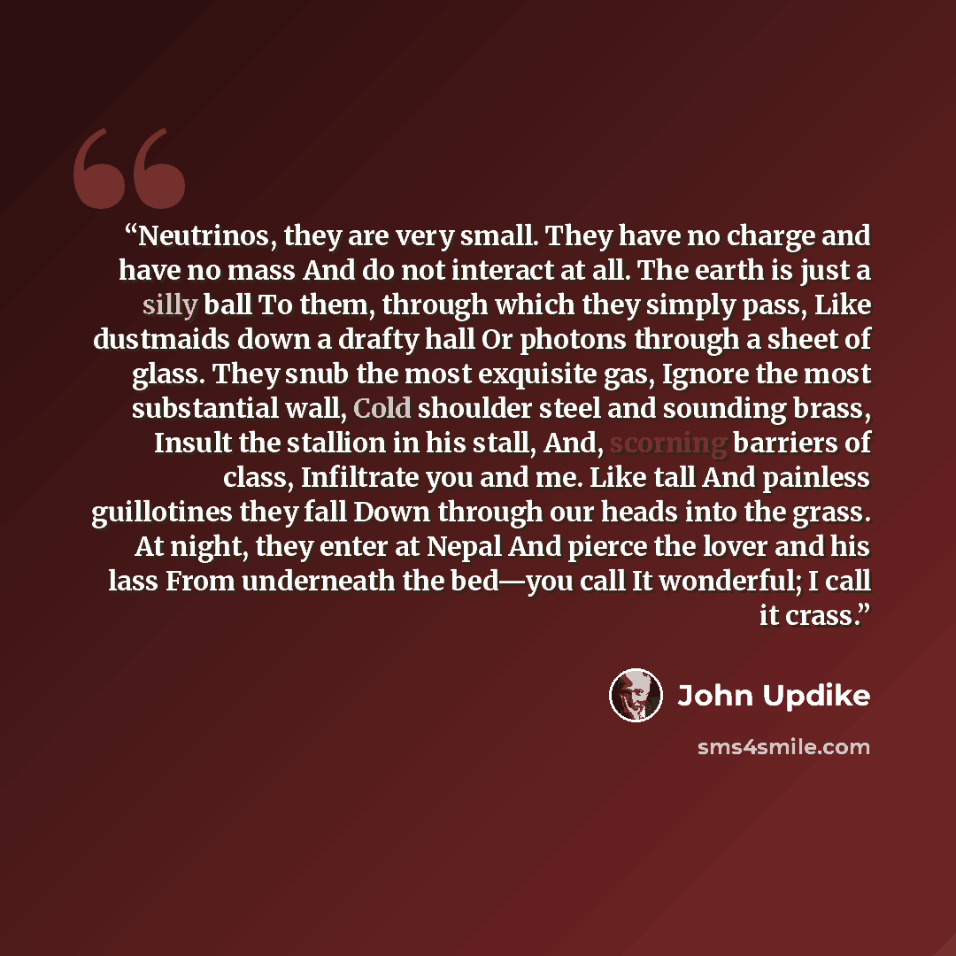 “Neutrinos, they are very small. They have no charge and have no mass And do not interact at all. The earth is just a silly ball To them, through which they simply pass, Like dustmaids down a drafty hall Or photons through a sheet of glass. They snub the most exquisite gas, Ignore the most…” quote by John Updike