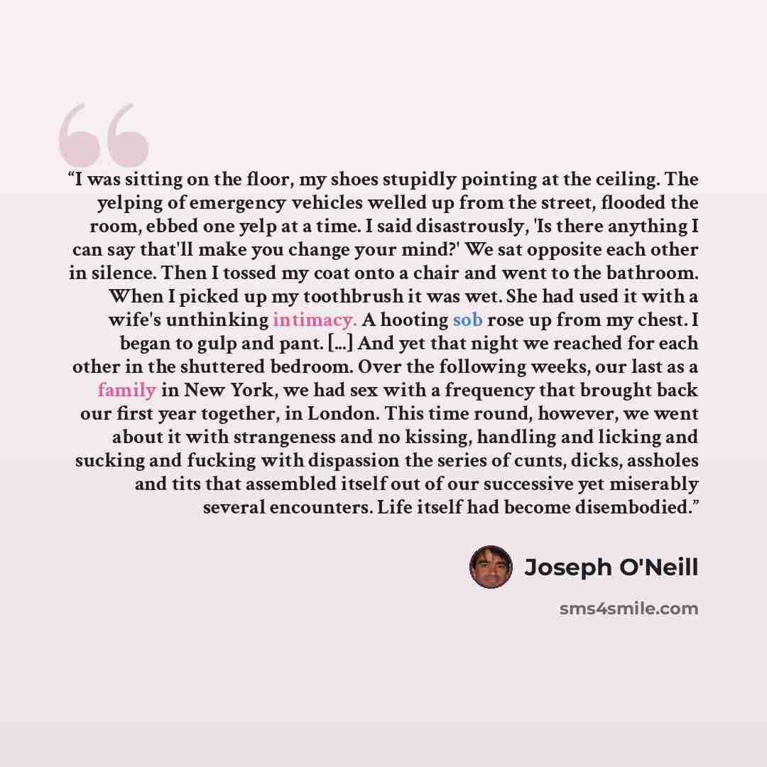 “I was sitting on the floor, my shoes stupidly pointing at the ceiling. The yelping of emergency vehicles welled up from the street, flooded the room, ebbed one yelp at a time. I said disastrously, 'Is there anything I can say that'll make you change your mind?' We sat opposite each other in…” quote by Joseph O'Neill