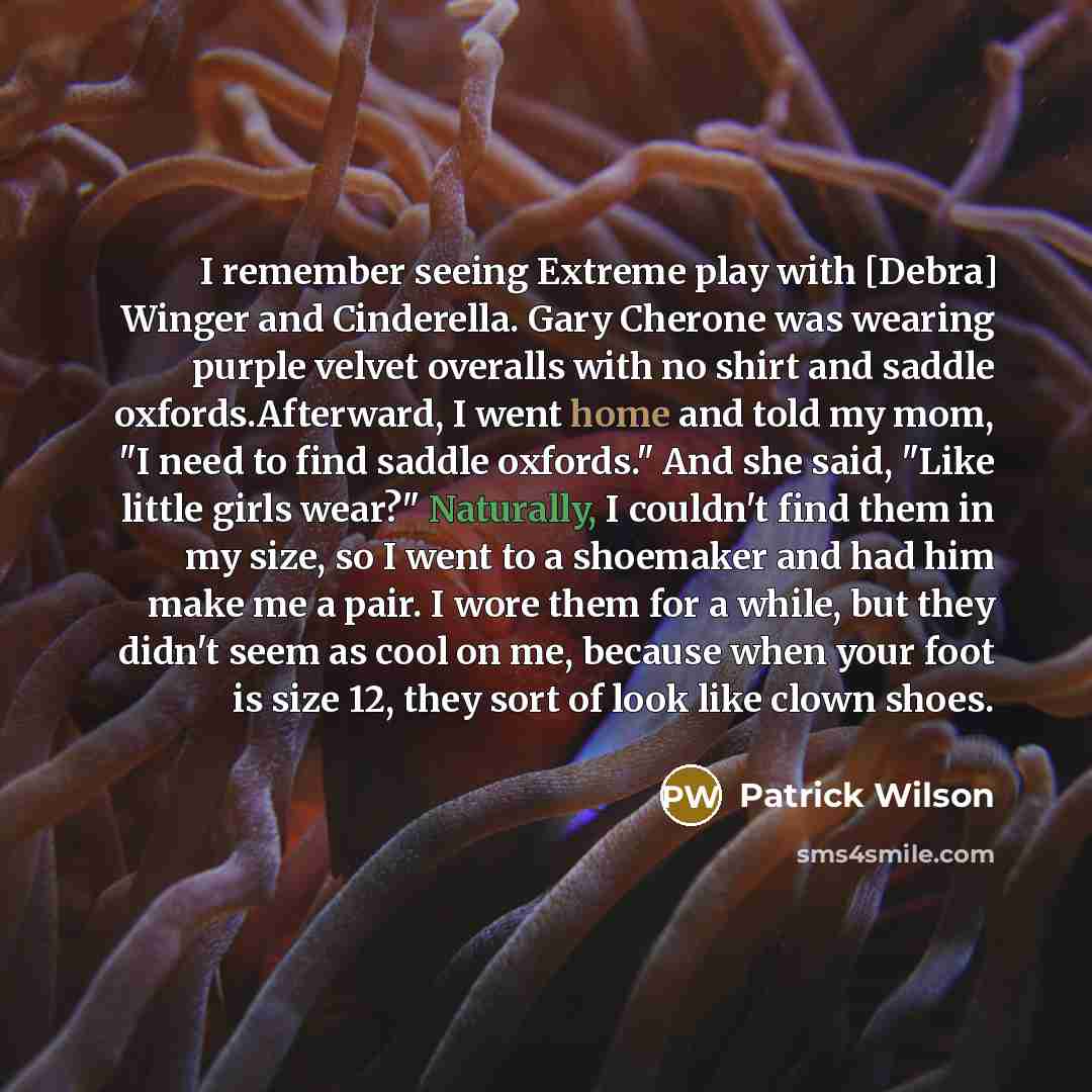“I remember seeing Extreme play with [Debra] Winger and Cinderella. Gary Cherone was wearing purple velvet overalls with no shirt and saddle oxfords.Afterward, I went home and told my mom, "I need to find saddle oxfords." And she said, "Like little girls wear?" Naturally, I couldn't find them in my…” quote by Patrick Wilson