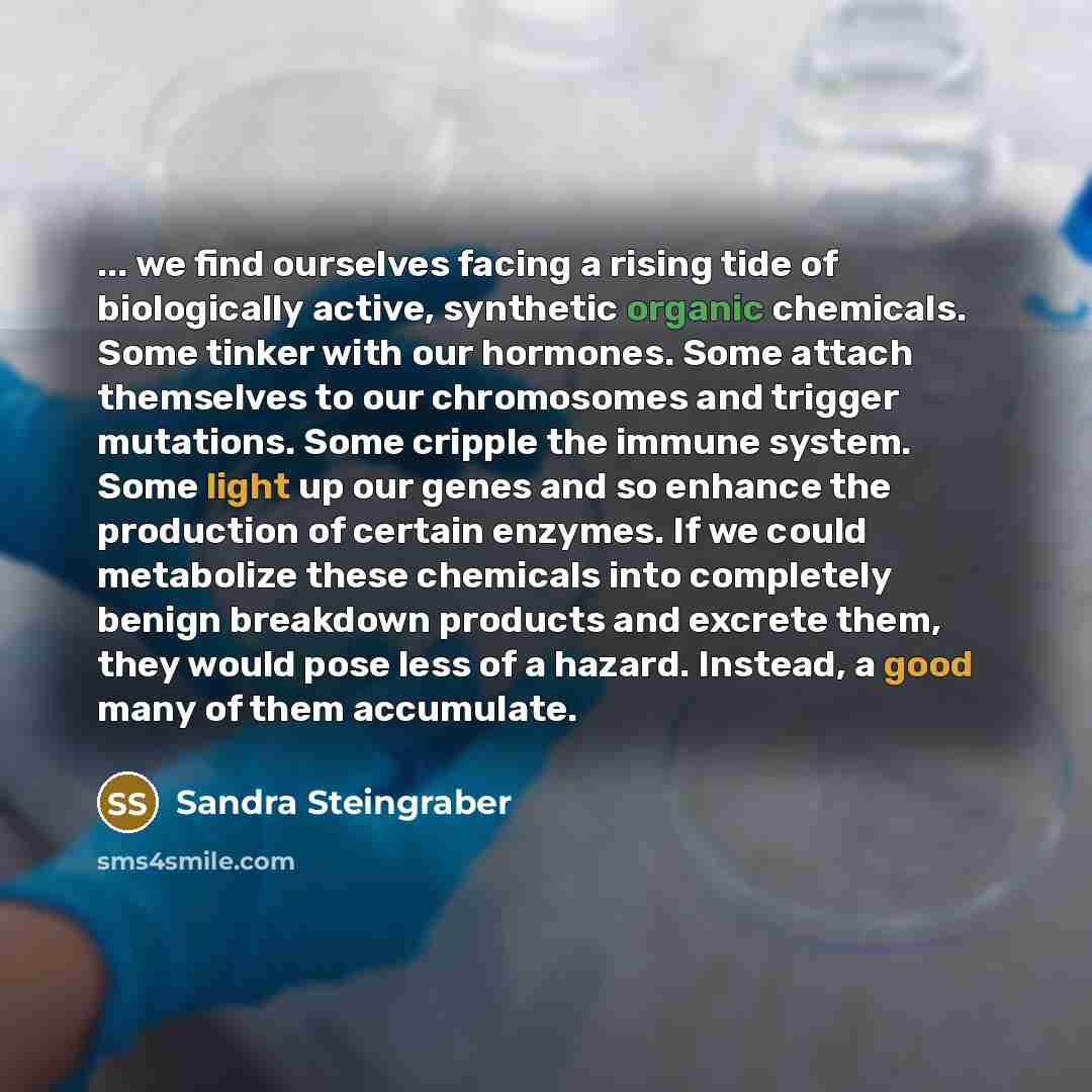 “... we find ourselves facing a rising tide of biologically active, synthetic organic chemicals. Some tinker with our hormones. Some attach themselves to our chromosomes and trigger mutations. Some cripple the immune system. Some light up our genes and so enhance the production of certain enzymes…” quote by Sandra Steingraber