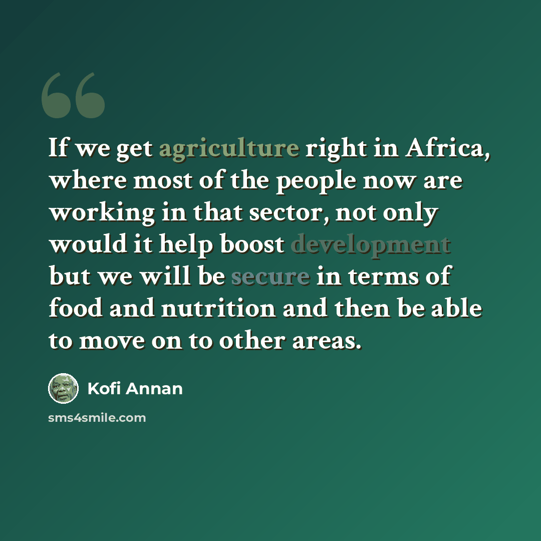 “If we get agriculture right in Africa, where most of the people now are working in that sector, not only would it help boost development but we will be secure in terms of food and nutrition and then be able to move on to other areas.” quote by Kofi Annan