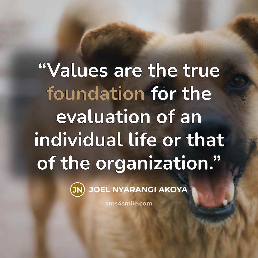 “Values are the true foundation for the evaluation of an individual life or that of the organization.” quote by JOEL NYARANGI AKOYA