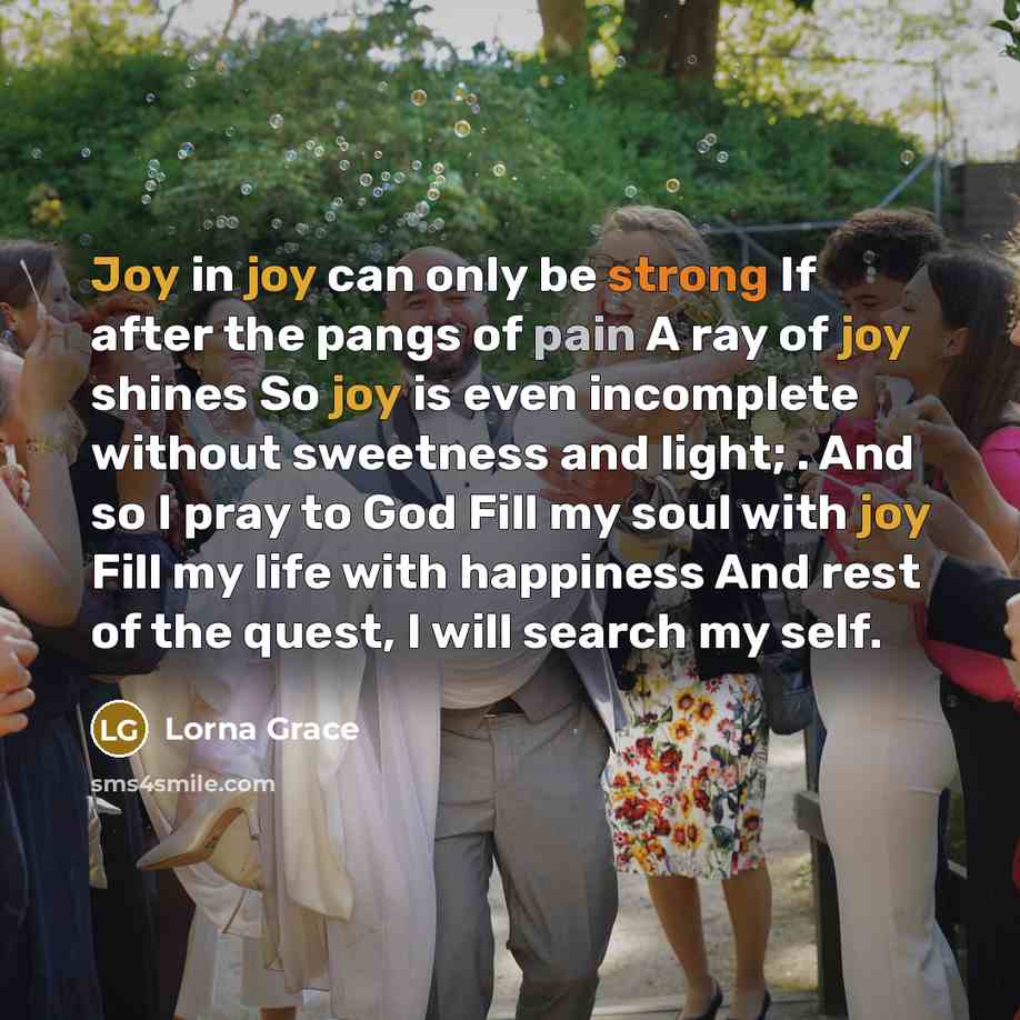 “Joy in joy can only be strong If after the pangs of pain A ray of joy shines So joy is even incomplete without sweetness and light; . And so I pray to God Fill my soul with joy Fill my life with happiness And rest of the quest, I will search my self.” quote by Lorna Grace