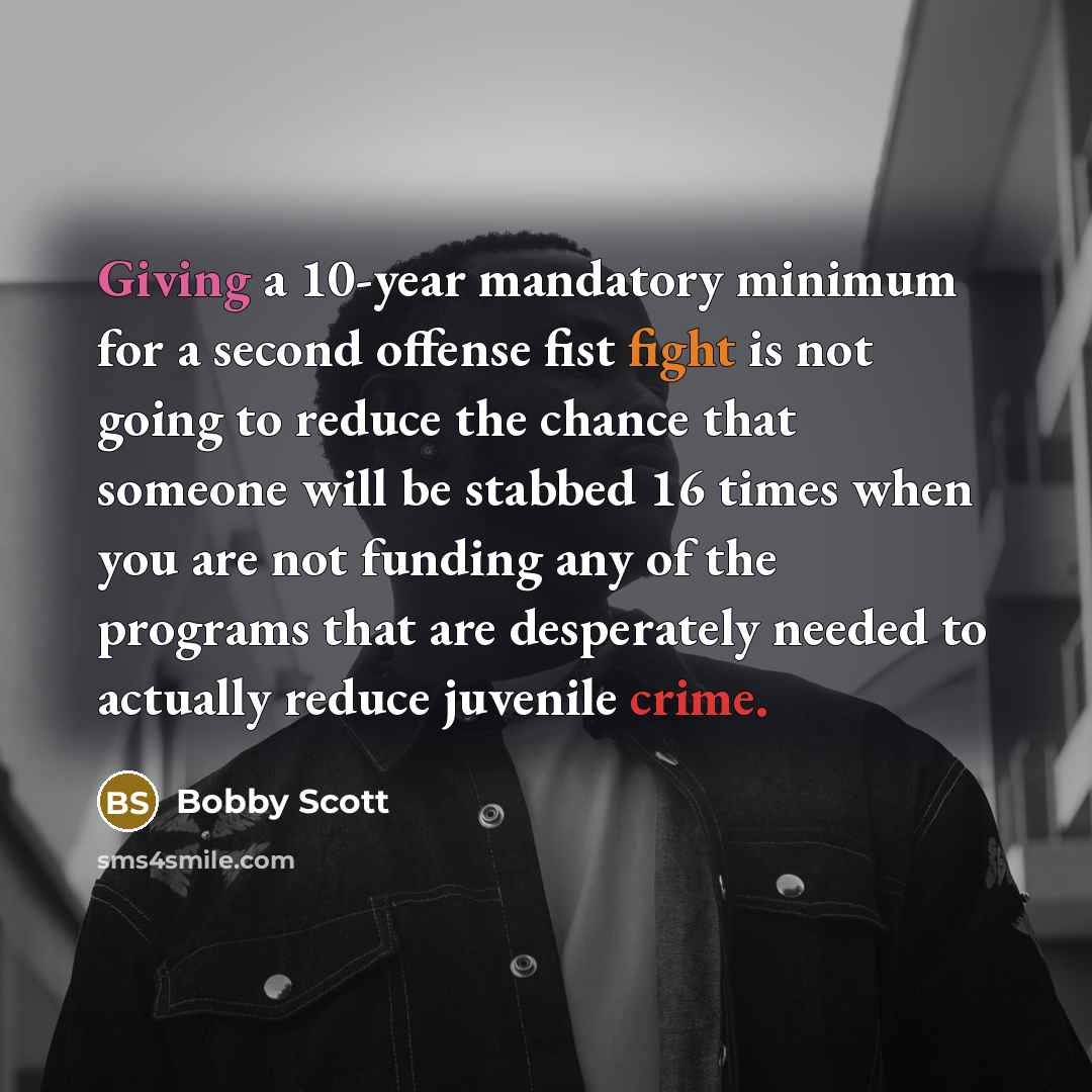 “Giving a 10-year mandatory minimum for a second offense fist fight is not going to reduce the chance that someone will be stabbed 16 times when you are not funding any of the programs that are desperately needed to actually reduce juvenile crime.” quote by Bobby Scott