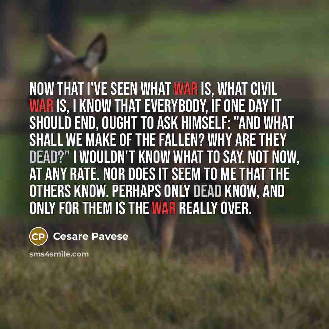 “Now that I've seen what war is, what civil war is, I know that everybody, if one day it should end, ought to ask himself: "And what shall we make of the fallen? Why are they dead?" I wouldn't know what to say. Not now, at any rate. Nor does it seem to me that the others know. Perhaps only dead…” quote by Cesare Pavese