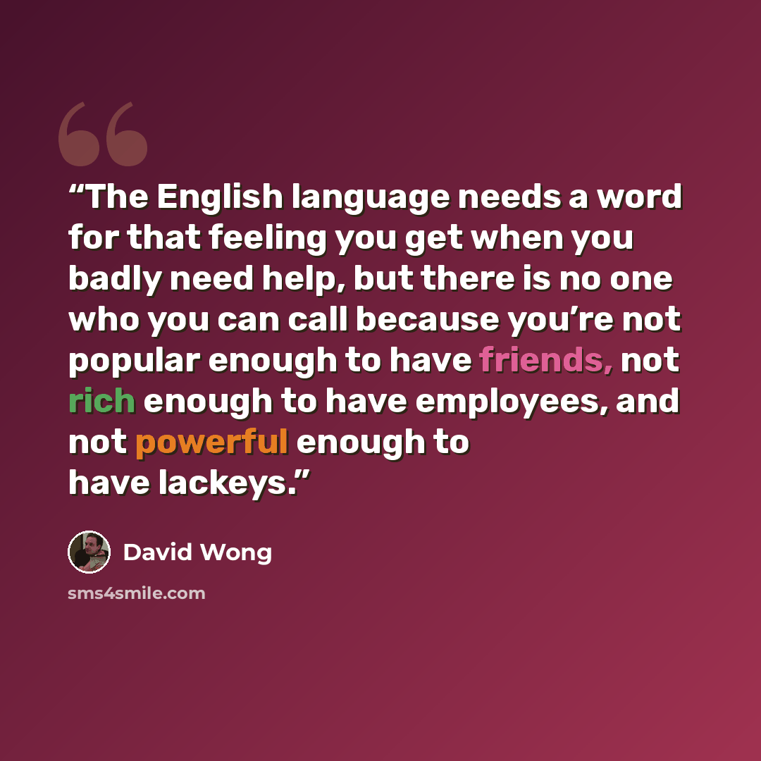 “The English language needs a word for that feeling you get when you badly need help, but there is no one who you can call because you’re not popular enough to have friends, not rich enough to have employees, and not powerful enough to have lackeys.” quote by David Wong