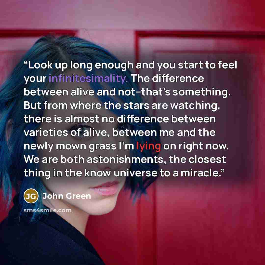 “Look up long enough and you start to feel your infinitesimality. The difference between alive and not--that's something. But from where the stars are watching, there is almost no difference between varieties of alive, between me and the newly mown grass I'm lying on right now. We are both…” quote by John Green