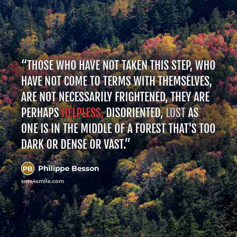 “Those who have not taken this step, who have not come to terms with themselves, are not necessarily frightened, they are perhaps helpless, disoriented, lost as one is in the middle of a forest that's too dark or dense or vast.” quote by Philippe Besson