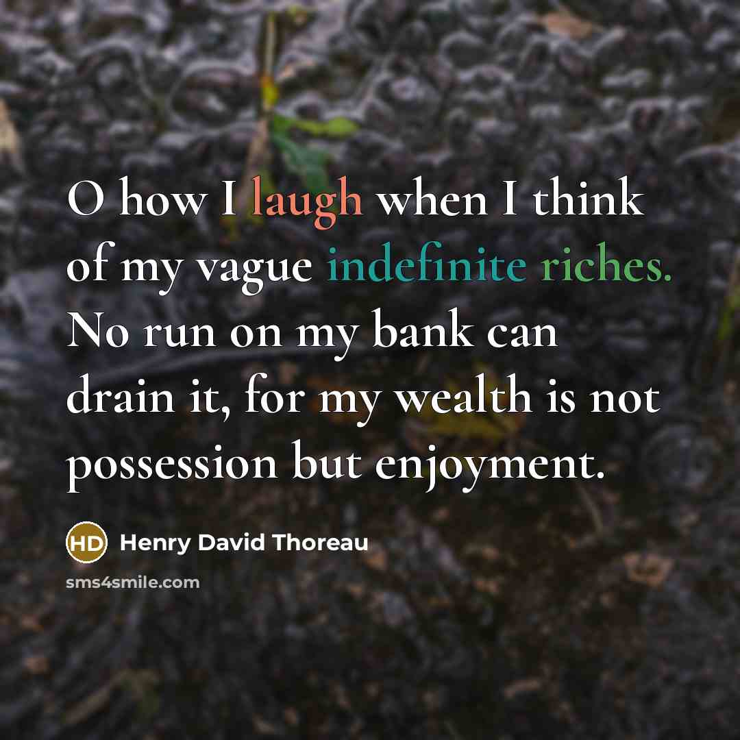 “O how I laugh when I think of my vague indefinite riches. No run on my bank can drain it, for my wealth is not possession but enjoyment.” quote by Henry David Thoreau