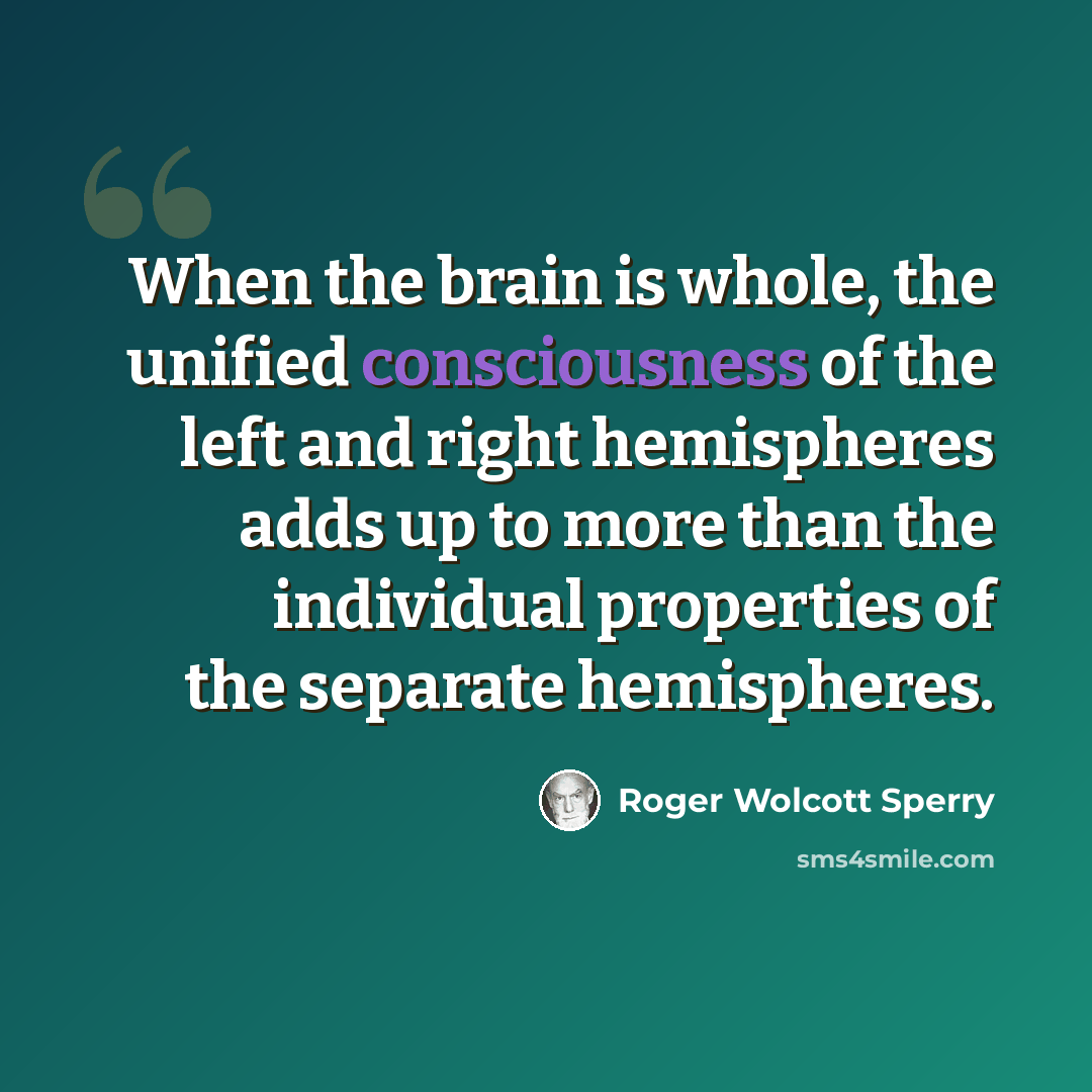 “When the brain is whole, the unified consciousness of the left and right hemispheres adds up to more than the individual properties of the separate hemispheres.” quote by Roger Wolcott Sperry
