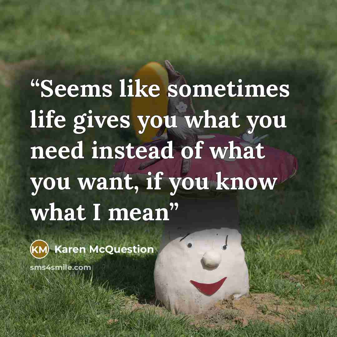 “Seems like sometimes life gives you what you need instead of what you want, if you know what I mean” quote by Karen McQuestion