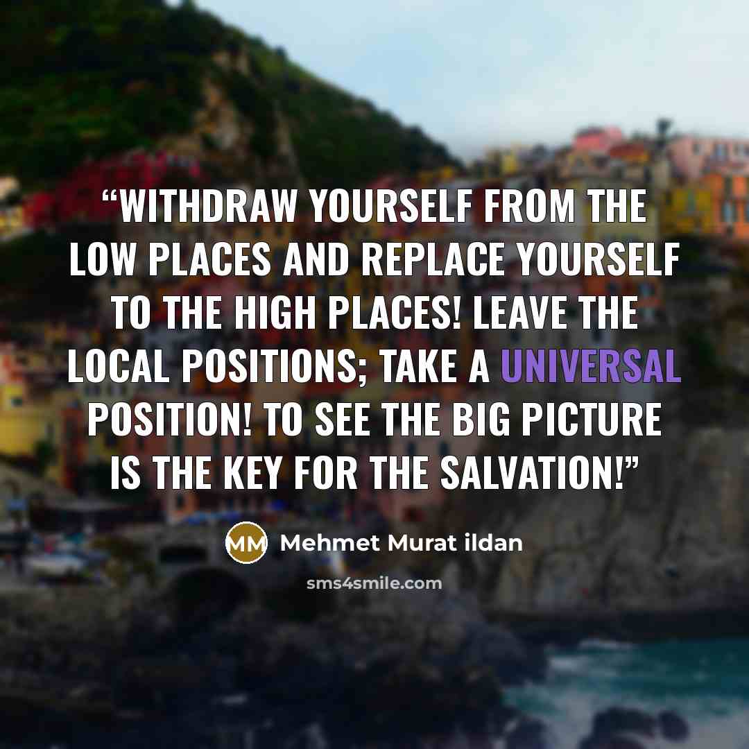 “Withdraw yourself from the low places and replace yourself to the high places! Leave the local positions; take a universal position! To see the big picture is the key for the salvation!” quote by Mehmet Murat ildan