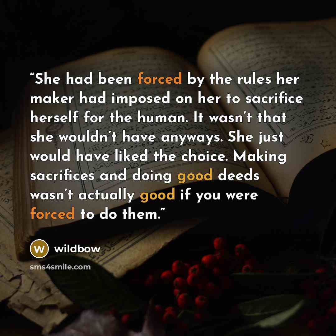 “She had been forced by the rules her maker had imposed on her to sacrifice herself for the human. It wasn’t that she wouldn’t have anyways. She just would have liked the choice. Making sacrifices and doing good deeds wasn’t actually good if you were forced to do them.” quote by wildbow