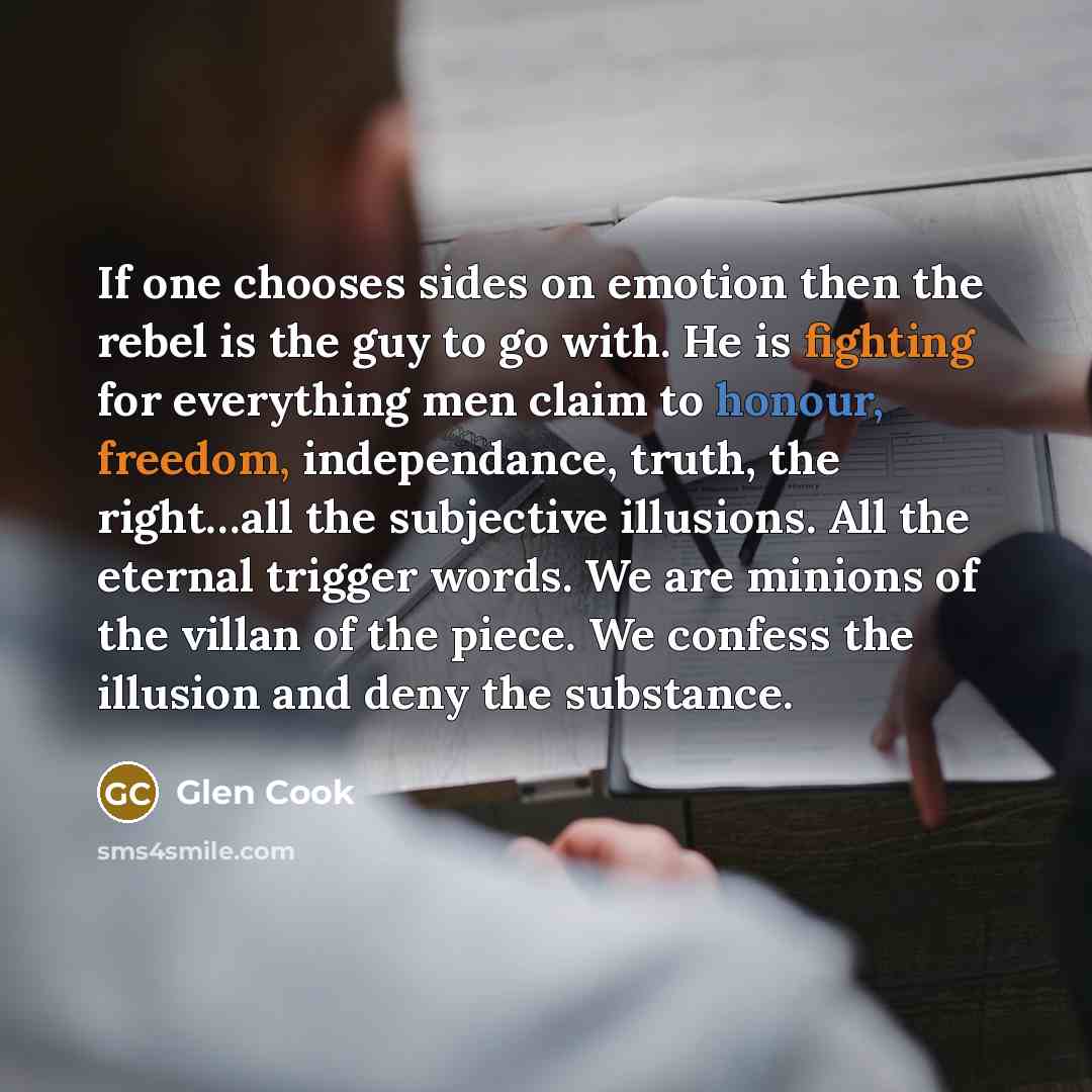 “If one chooses sides on emotion then the rebel is the guy to go with. He is fighting for everything men claim to honour, freedom, independance, truth, the right…all the subjective illusions. All the eternal trigger words. We are minions of the villan of the piece. We confess the illusion and deny…” quote by Glen Cook