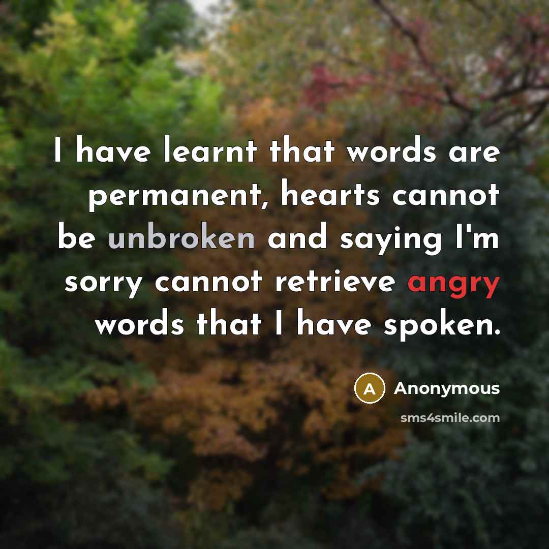 “I have learnt that words are permanent, hearts cannot be unbroken and saying I'm sorry cannot retrieve angry words that I have spoken.” quote by Anonymous