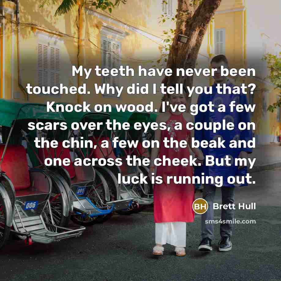 “My teeth have never been touched. Why did I tell you that? Knock on wood. I've got a few scars over the eyes, a couple on the chin, a few on the beak and one across the cheek. But my luck is running out.” quote by Brett Hull