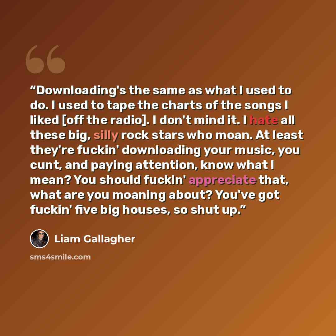 “Downloading's the same as what I used to do. I used to tape the charts of the songs I liked [off the radio]. I don't mind it. I hate all these big, silly rock stars who moan. At least they're fuckin' downloading your music, you cunt, and paying attention, know what I mean? You should fuckin'…” quote by Liam Gallagher