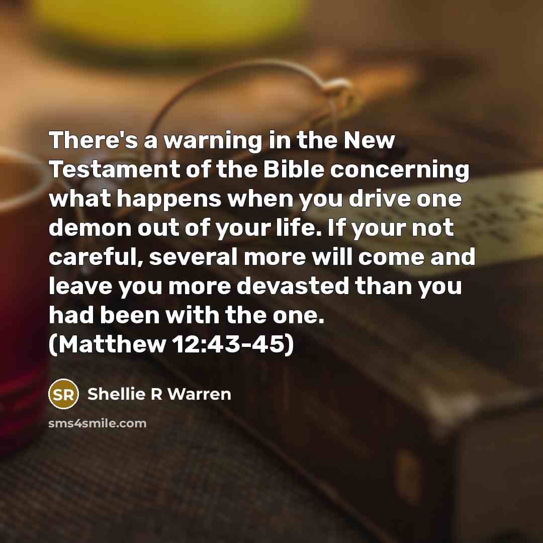 “There's a warning in the New Testament of the Bible concerning what happens when you drive one demon out of your life. If your not careful, several more will come and leave you more devasted than you had been with the one. (Matthew 12:43-45)” quote by Shellie R Warren