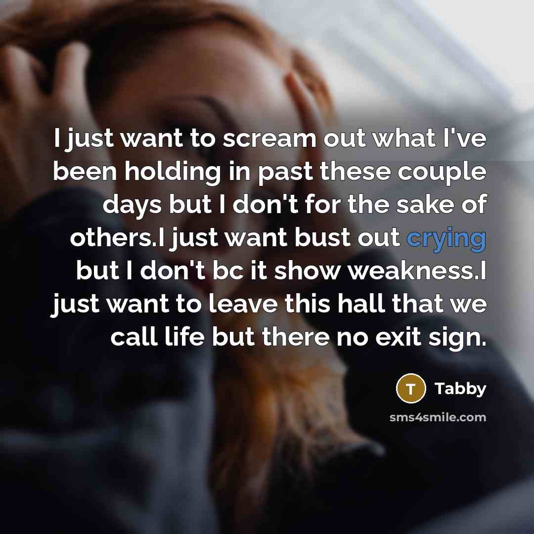 “I just want to scream out what I've been holding in past these couple days but I don't for the sake of others.I just want bust out crying but I don't bc it show weakness.I just want to leave this hall that we call life but there no exit sign.” quote by Tabby