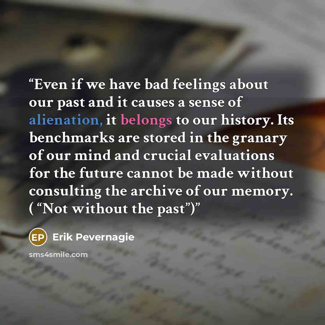 “Even if we have bad feelings about our past and it causes a sense of alienation, it belongs to our history. Its benchmarks are stored in the granary of our mind and crucial evaluations for the future cannot be made without consulting the archive of our memory. ( “Not without the past”)” quote by Erik Pevernagie