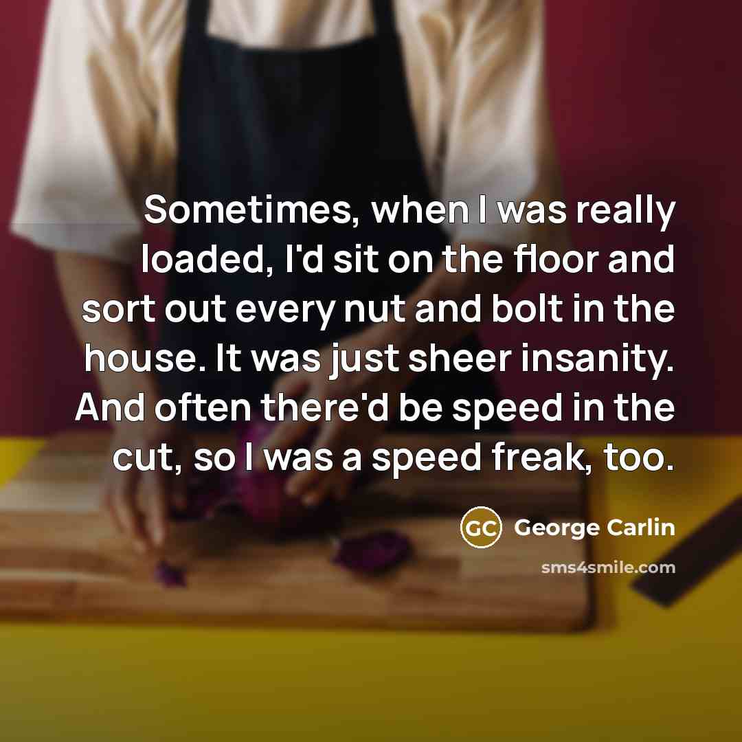 “Sometimes, when I was really loaded, I'd sit on the floor and sort out every nut and bolt in the house. It was just sheer insanity. And often there'd be speed in the cut, so I was a speed freak, too.” quote by George Carlin