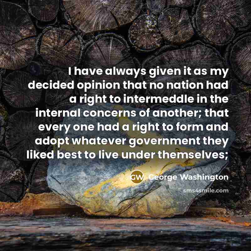 “I have always given it as my decided opinion that no nation had a right to intermeddle in the internal concerns of another; that every one had a right to form and adopt whatever government they liked best to live under themselves;” quote by George Washington