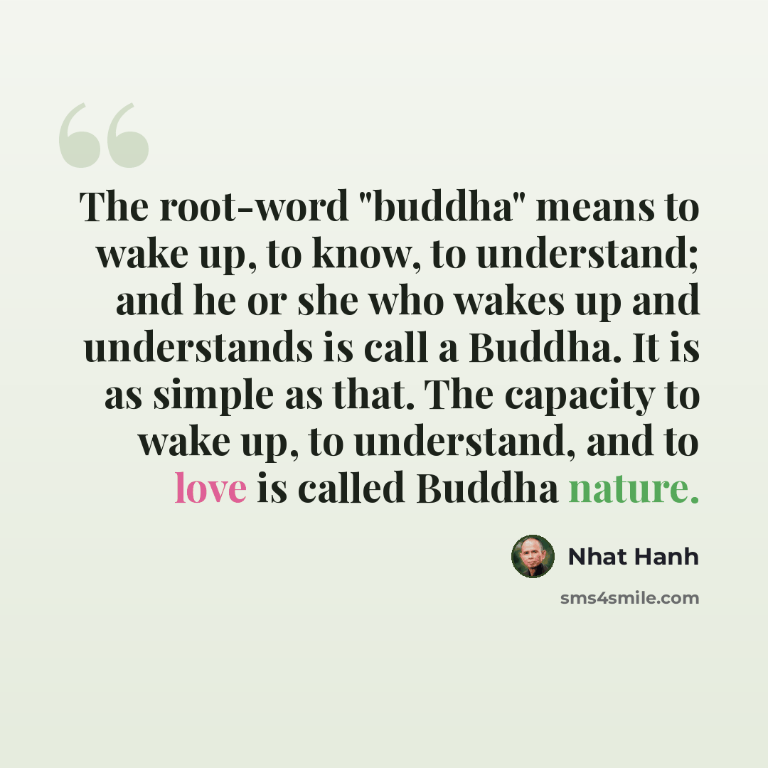 “The root-word "buddha" means to wake up, to know, to understand; and he or she who wakes up and understands is call a Buddha. It is as simple as that. The capacity to wake up, to understand, and to love is called Buddha nature.” quote by Nhat Hanh