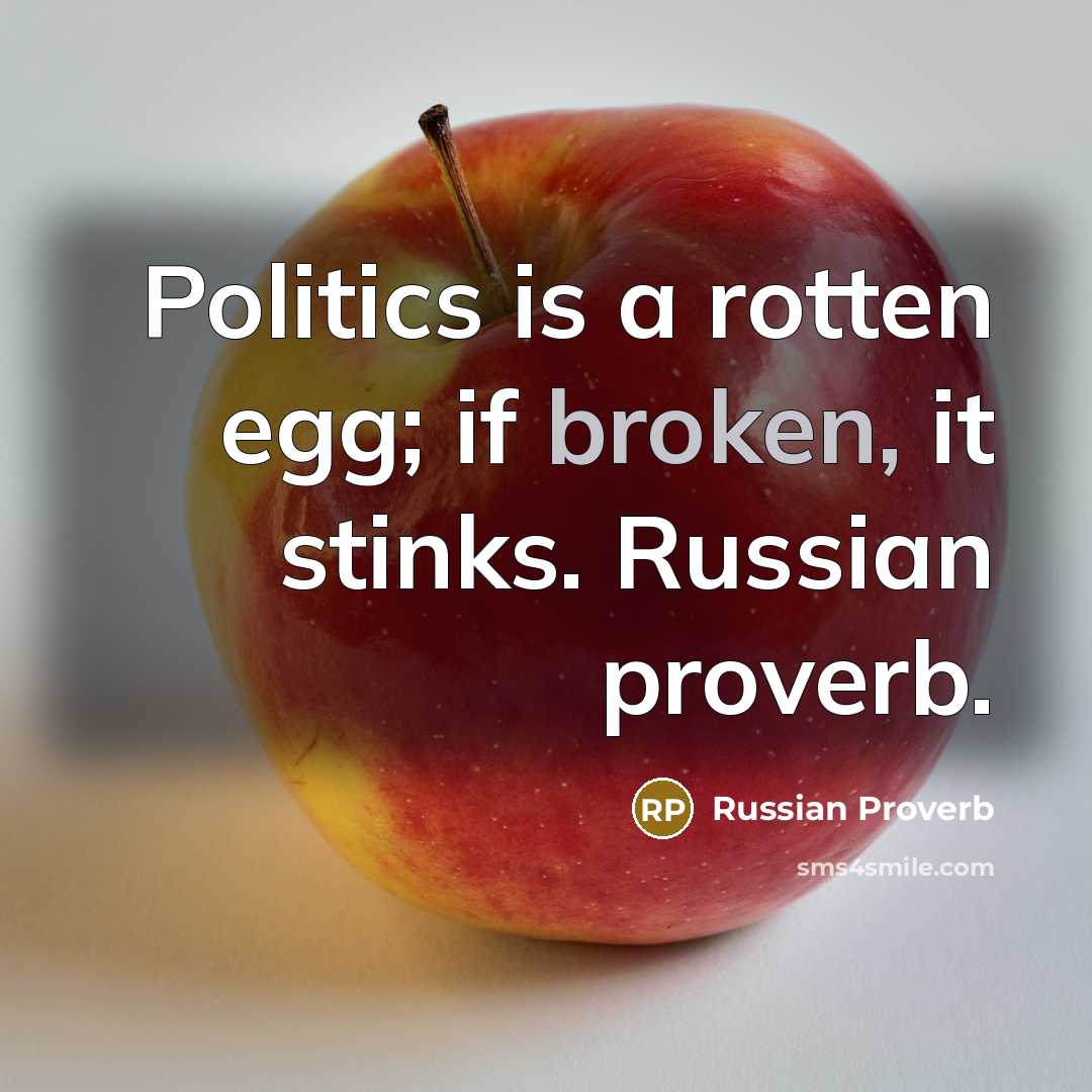 “Politics is a rotten egg; if broken, it stinks. Russian proverb.” quote by Russian Proverb