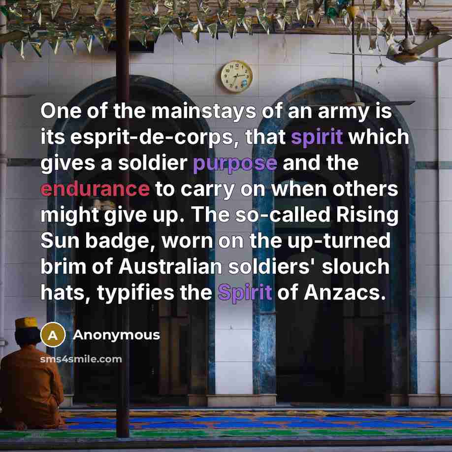 “One of the mainstays of an army is its esprit-de-corps, that spirit which gives a soldier purpose and the endurance to carry on when others might give up. The so-called Rising Sun badge, worn on the up-turned brim of Australian soldiers' slouch hats, typifies the Spirit of Anzacs.” quote by Anonymous
