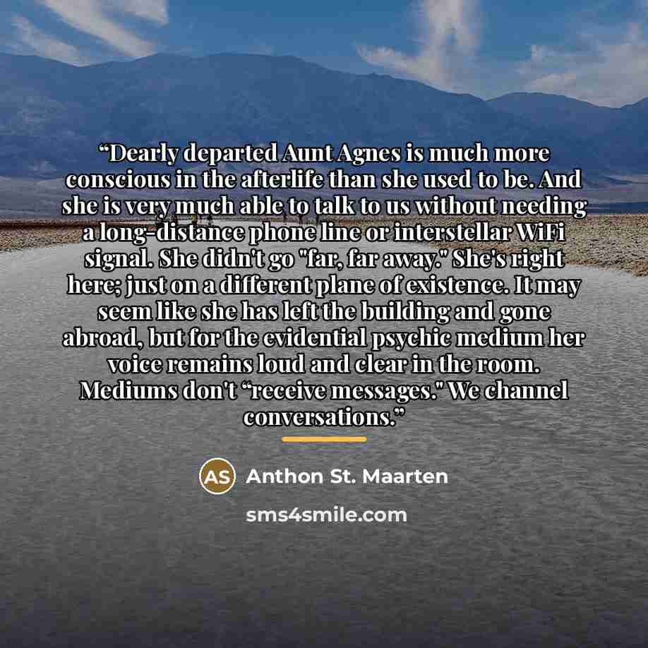 “Dearly departed Aunt Agnes is much more conscious in the afterlife than she used to be. And she is very much able to talk to us without needing a long-distance phone line or interstellar WiFi signal. She didn't go "far, far away." She's right here; just on a different plane of existence. It may…” quote by Anthon St. Maarten
