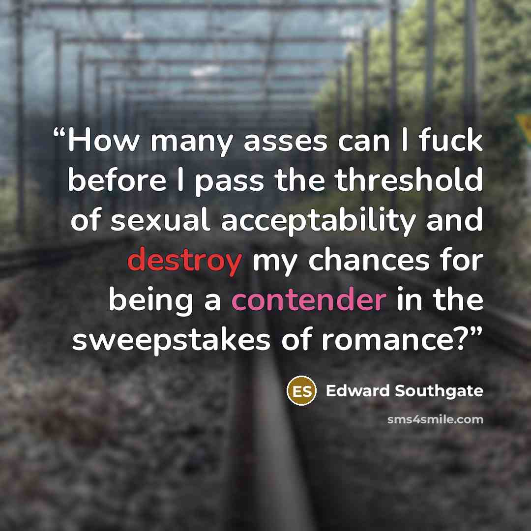 “How many asses can I fuck before I pass the threshold of sexual acceptability and destroy my chances for being a contender in the sweepstakes of romance?” quote by Edward Southgate