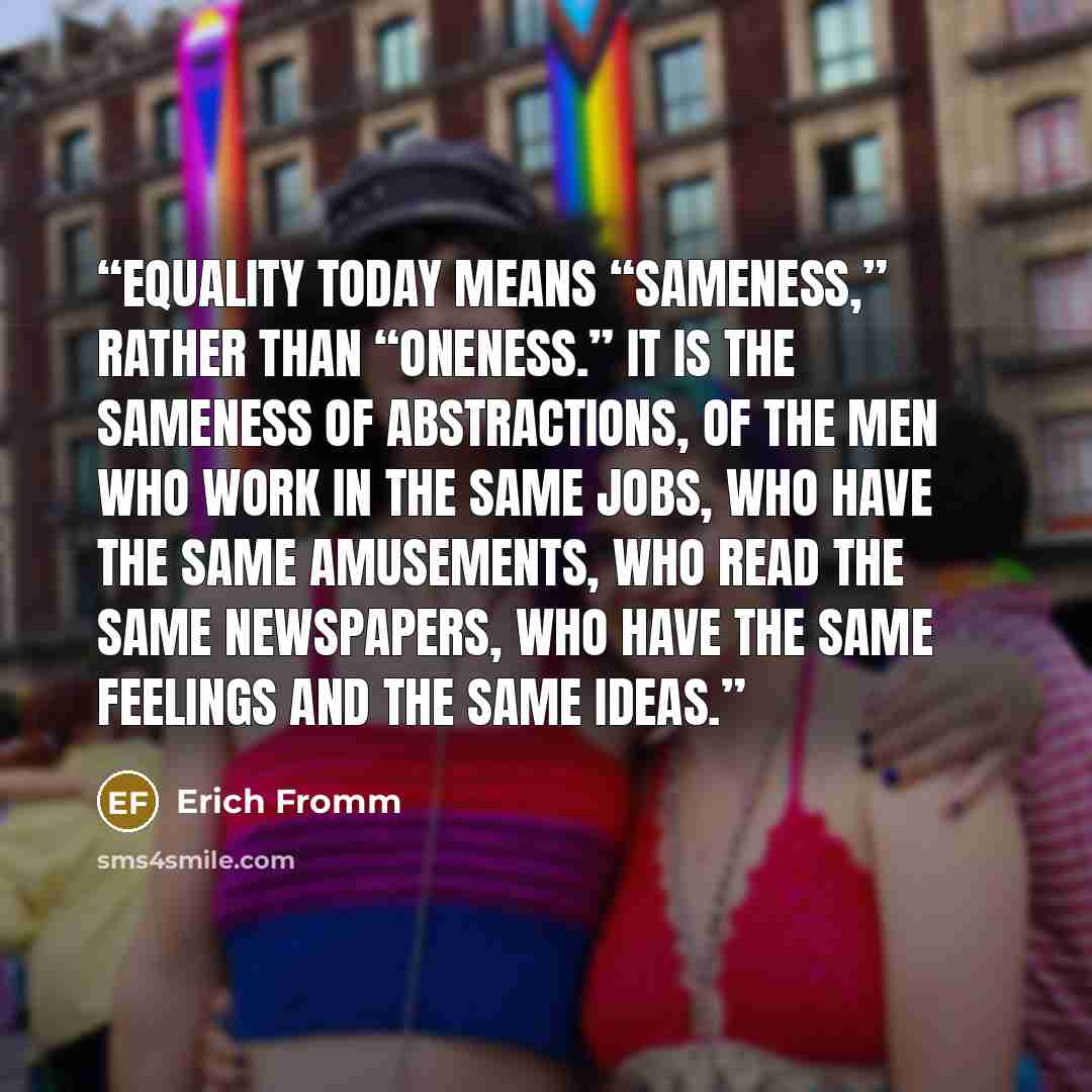 “Equality today means “sameness,” rather than “oneness.” It is the sameness of abstractions, of the men who work in the same jobs, who have the same amusements, who read the same newspapers, who have the same feelings and the same ideas.” quote by Erich Fromm