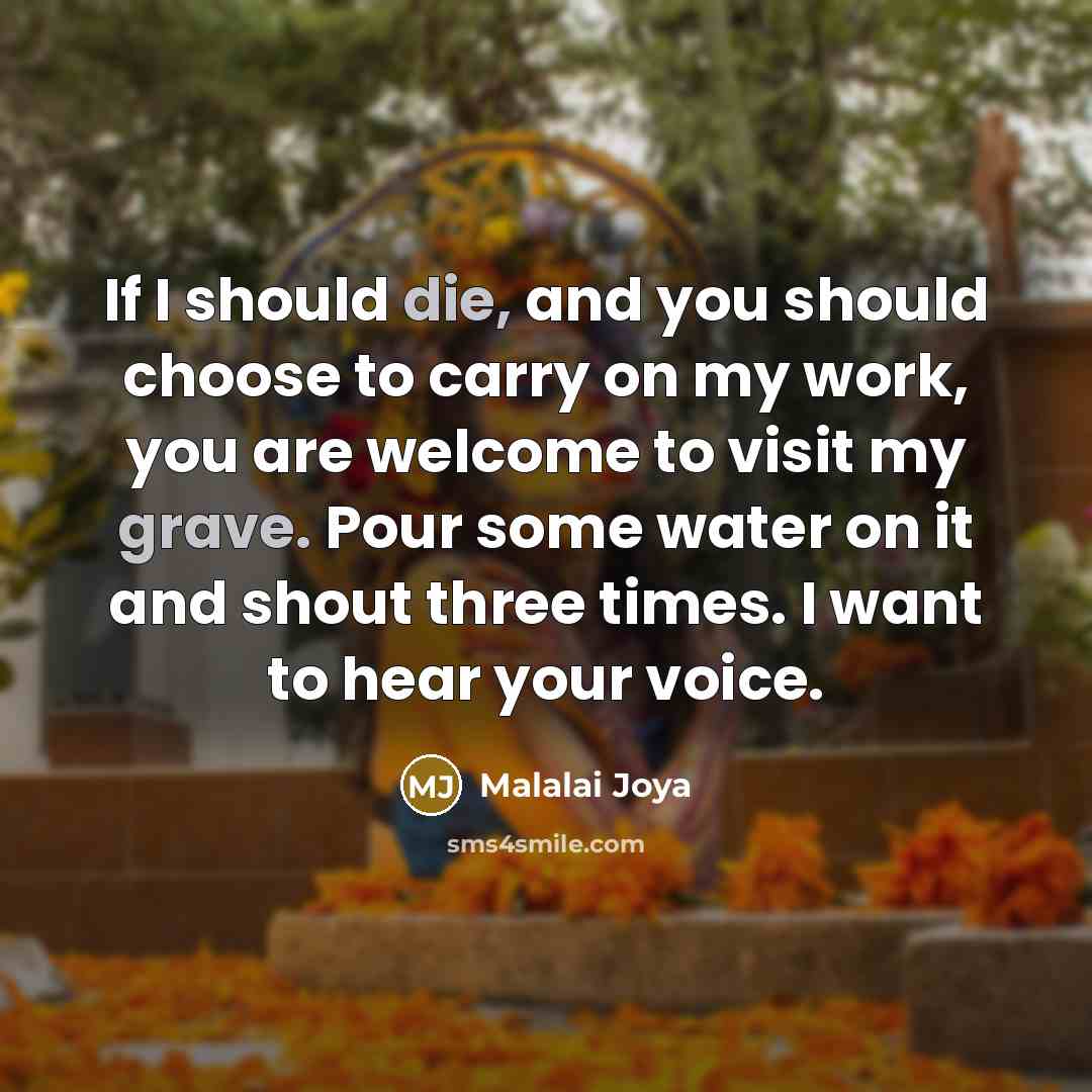 “If I should die, and you should choose to carry on my work, you are welcome to visit my grave. Pour some water on it and shout three times. I want to hear your voice.” quote by Malalai Joya