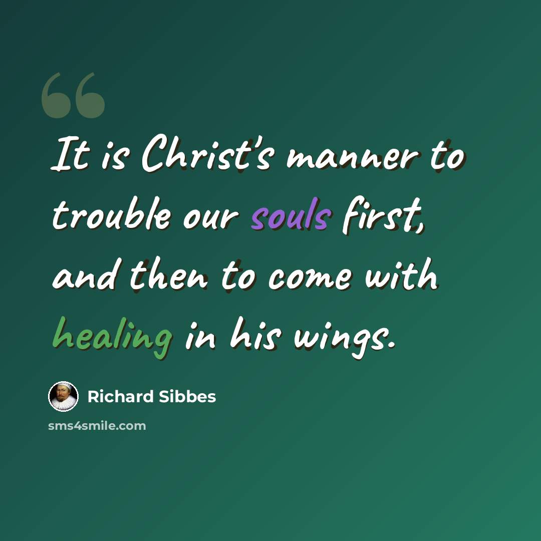 “It is Christ's manner to trouble our souls first, and then to come with healing in his wings.” quote by Richard Sibbes