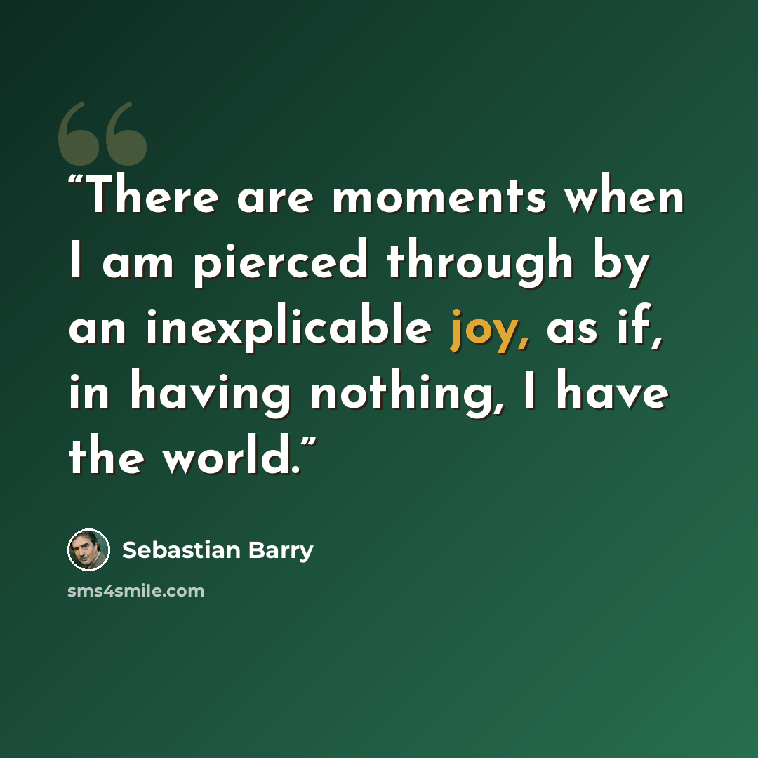 “There are moments when I am pierced through by an inexplicable joy, as if, in having nothing, I have the world.” quote by Sebastian Barry