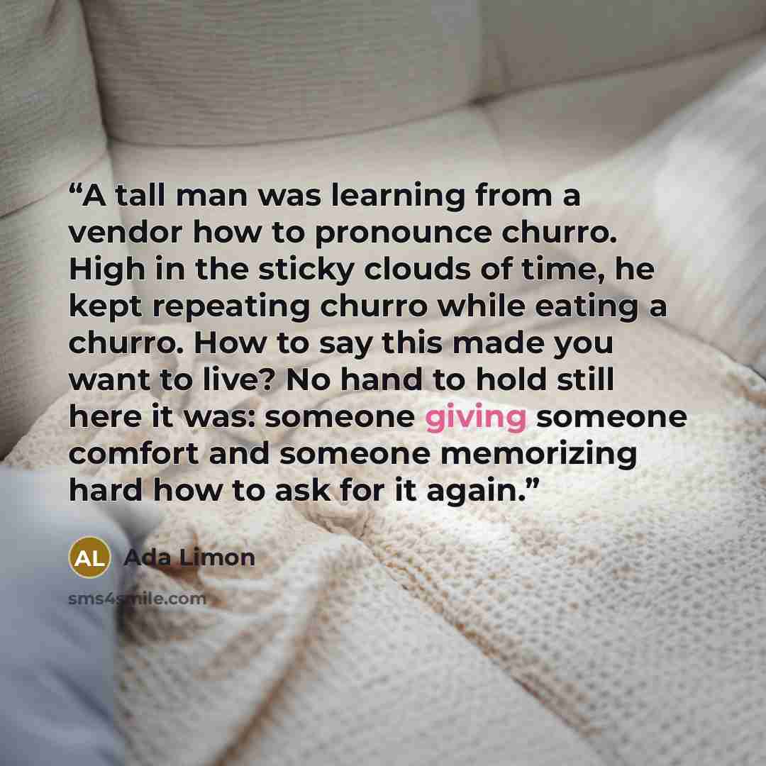 “A tall man was learning from a vendor how to pronounce churro. High in the sticky clouds of time, he kept repeating churro while eating a churro. How to say this made you want to live? No hand to hold still here it was: someone giving someone comfort and someone memorizing hard how to ask for it…” quote by Ada Limon