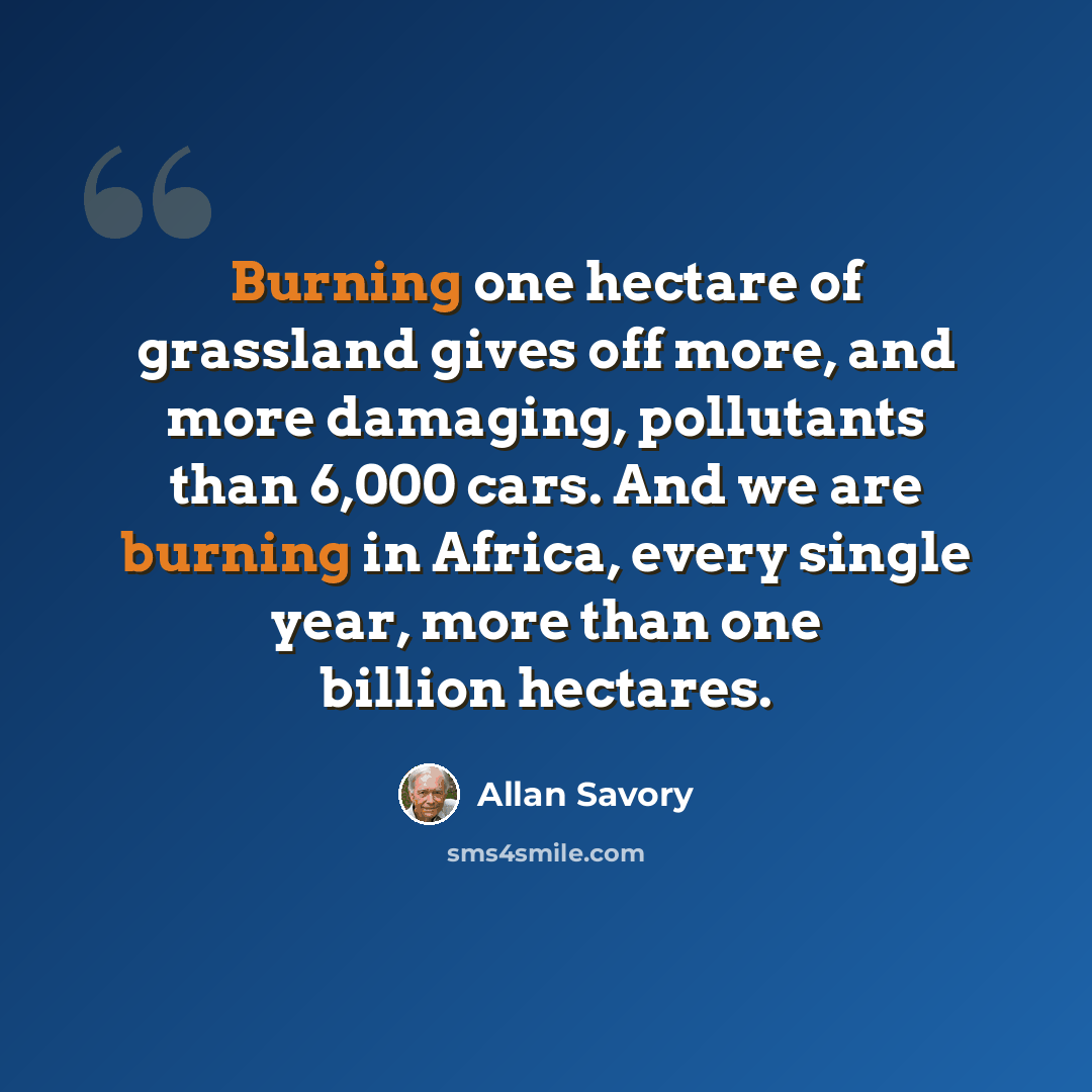 “Burning one hectare of grassland gives off more, and more damaging, pollutants than 6,000 cars. And we are burning in Africa, every single year, more than one billion hectares.” quote by Allan Savory