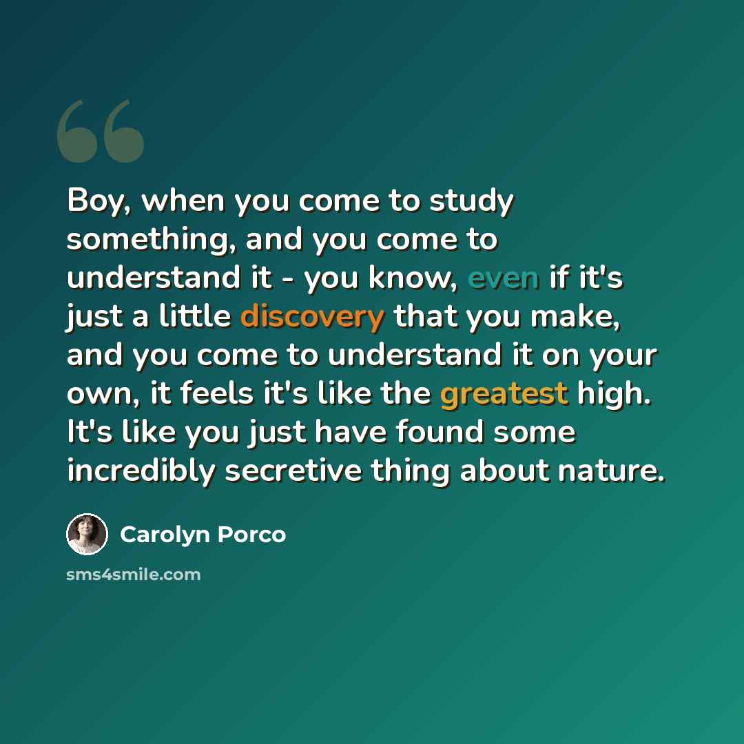 “Boy, when you come to study something, and you come to understand it - you know, even if it's just a little discovery that you make, and you come to understand it on your own, it feels it's like the greatest high. It's like you just have found some incredibly secretive thing about nature.” quote by Carolyn Porco