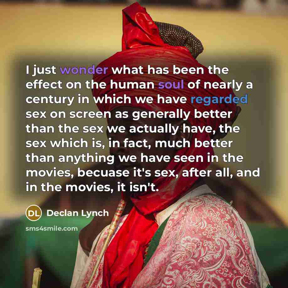 “I just wonder what has been the effect on the human soul of nearly a century in which we have regarded sex on screen as generally better than the sex we actually have, the sex which is, in fact, much better than anything we have seen in the movies, becuase it's sex, after all, and in the movies…” quote by Declan Lynch