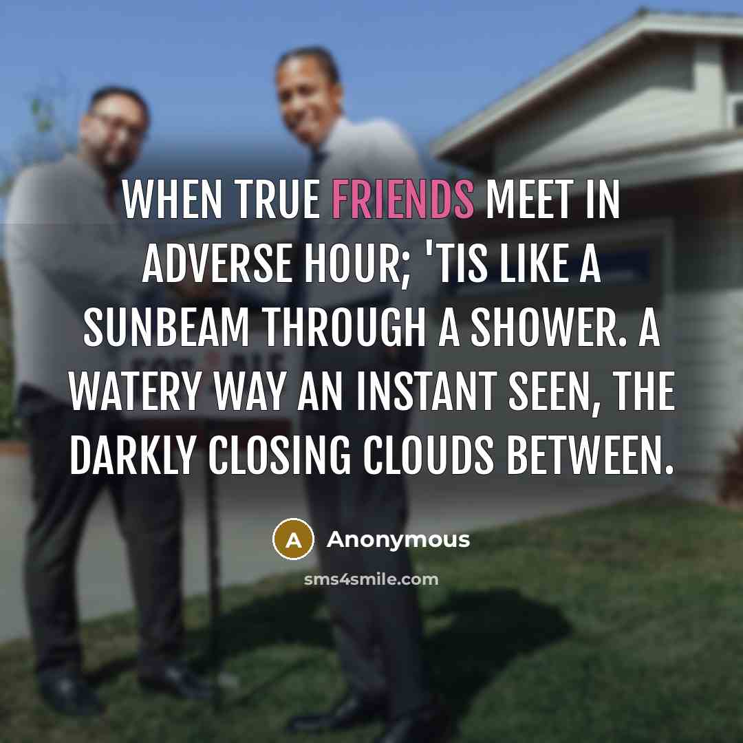 “When true friends meet in adverse hour; 'Tis like a sunbeam through a shower. A watery way an instant seen, The darkly closing clouds between.” quote by Anonymous
