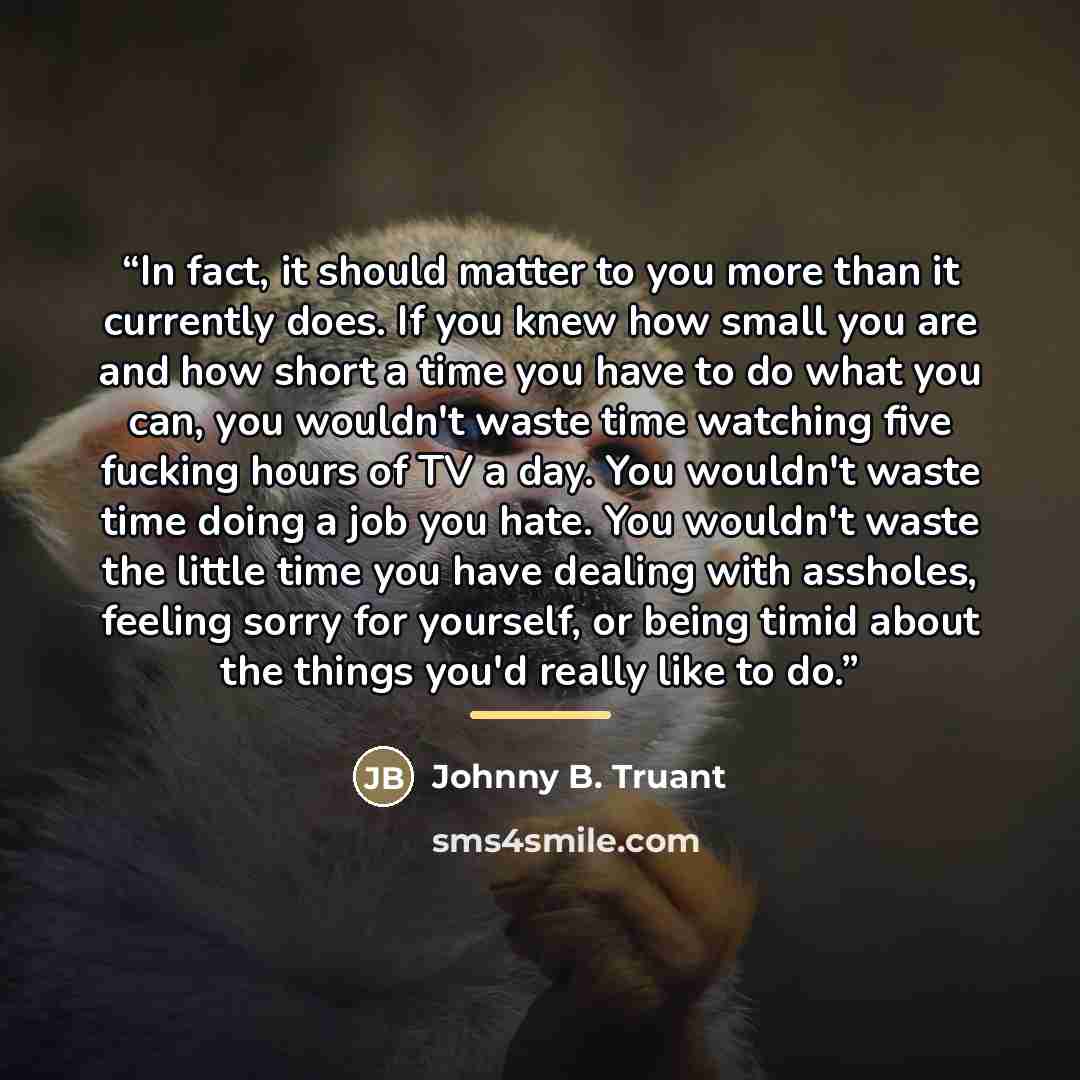 “In fact, it should matter to you more than it currently does. If you knew how small you are and how short a time you have to do what you can, you wouldn't waste time watching five fucking hours of TV a day. You wouldn't waste time doing a job you hate. You wouldn't waste the little time you have…” quote by Johnny B. Truant